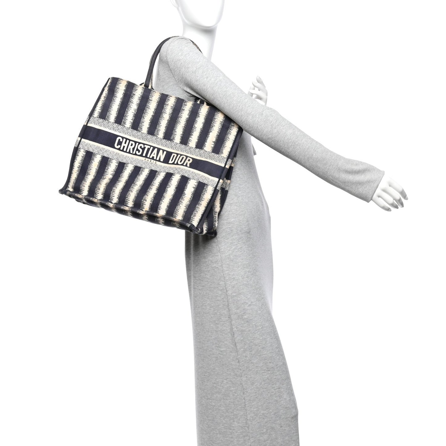 Canvas Embroidered Large Striped Book Tote Navy