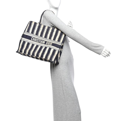 Canvas Embroidered Large Striped Book Tote Navy