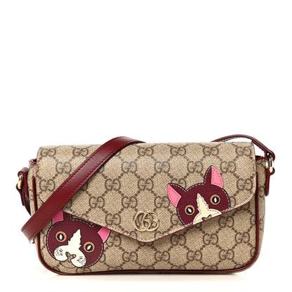 GG Supreme Monogram Cat Print Mini Shoulder Bag Beige Ebony Rosso Ancora