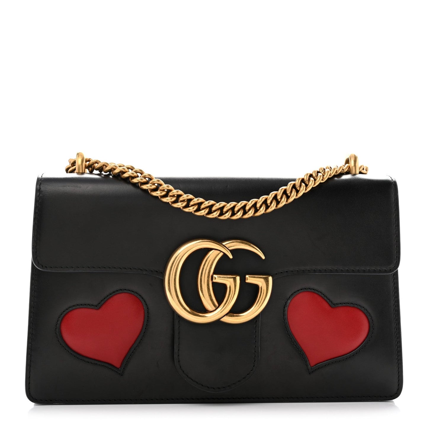 Knight Calfskin Malaga Kid Heart Medium GG Marmont Chain Handle Bag Black Hibiscus Red Multicolor