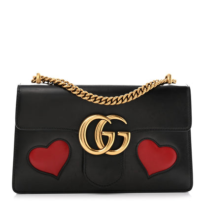 Knight Calfskin Malaga Kid Heart Medium GG Marmont Chain Handle Bag Black Hibiscus Red Multicolor