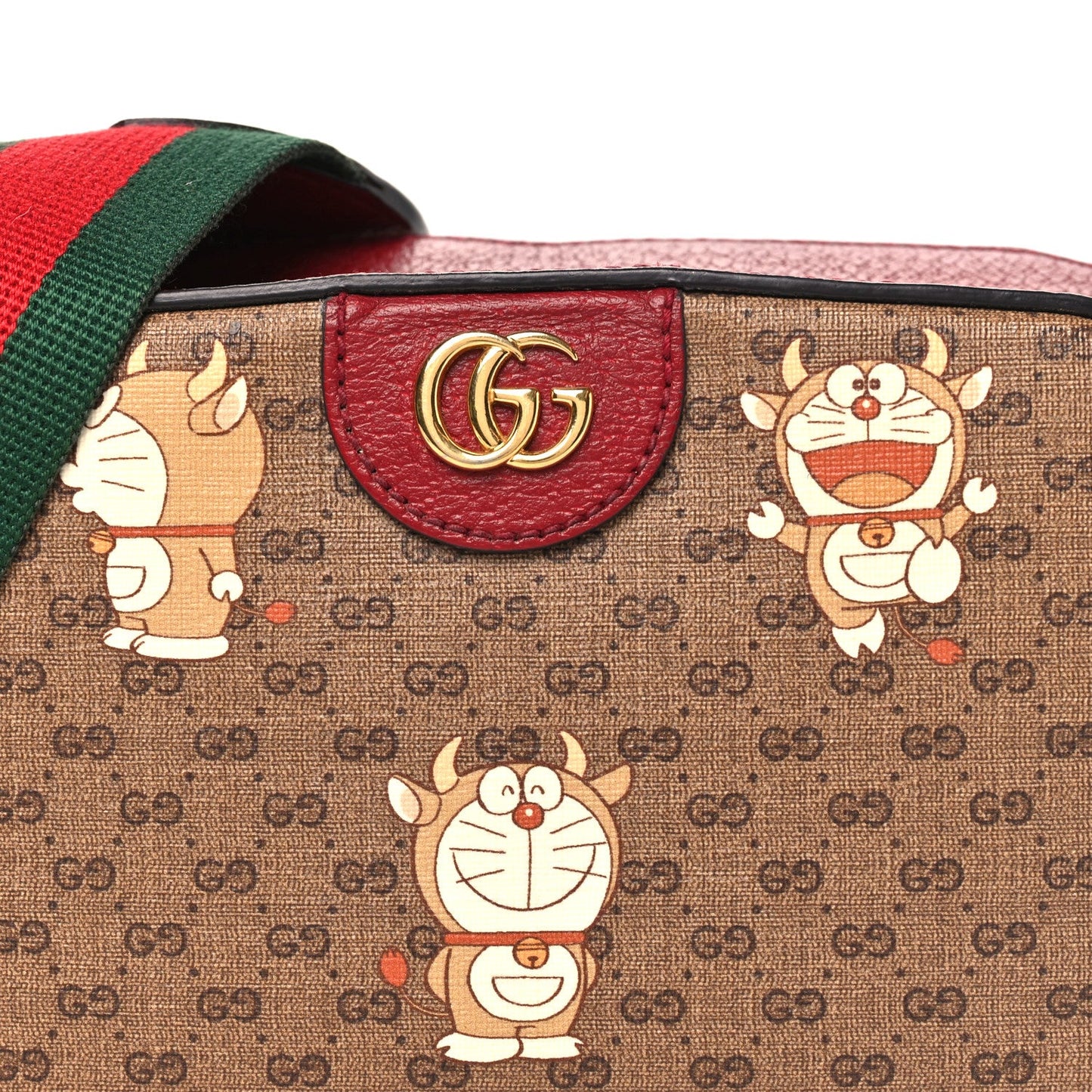X DORAEMON Mini Vintage GG Supreme Monogram Shoulder Bag Beige Cherry Red