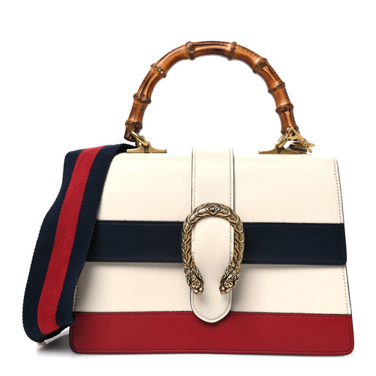 Calfskin Bamboo Web Medium Dionysus Top Handle Bag White Blue Hibiscus Red