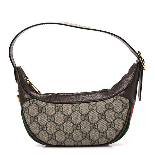 GG Supreme Monogram Textured Calfskin Web Mini Ophidia Half Moon Hobo Beige Ebony New Acero