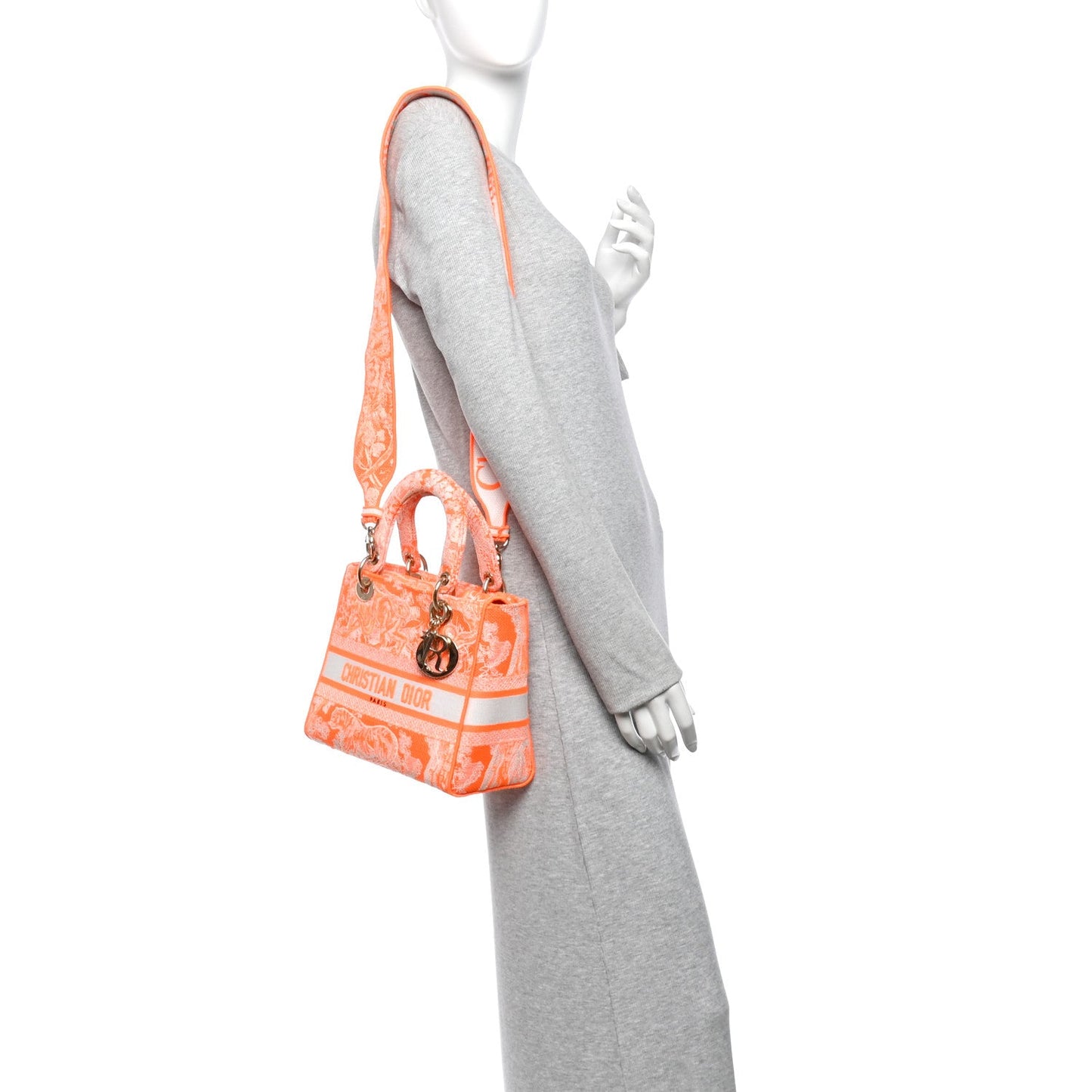 Canvas Toile De Jouy Reverse Embroidered Medium Lady D-Lite Fluorescent Orange