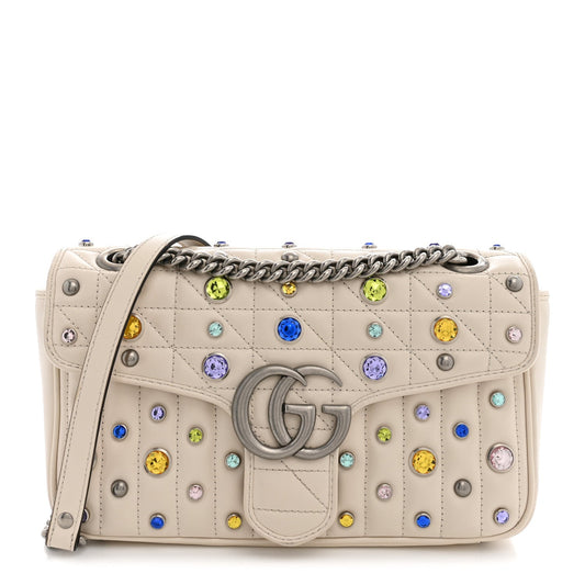 Calfskin Crystal Matelasse Aria Small GG Marmont Shoulder Bag Mystic White Multicolor
