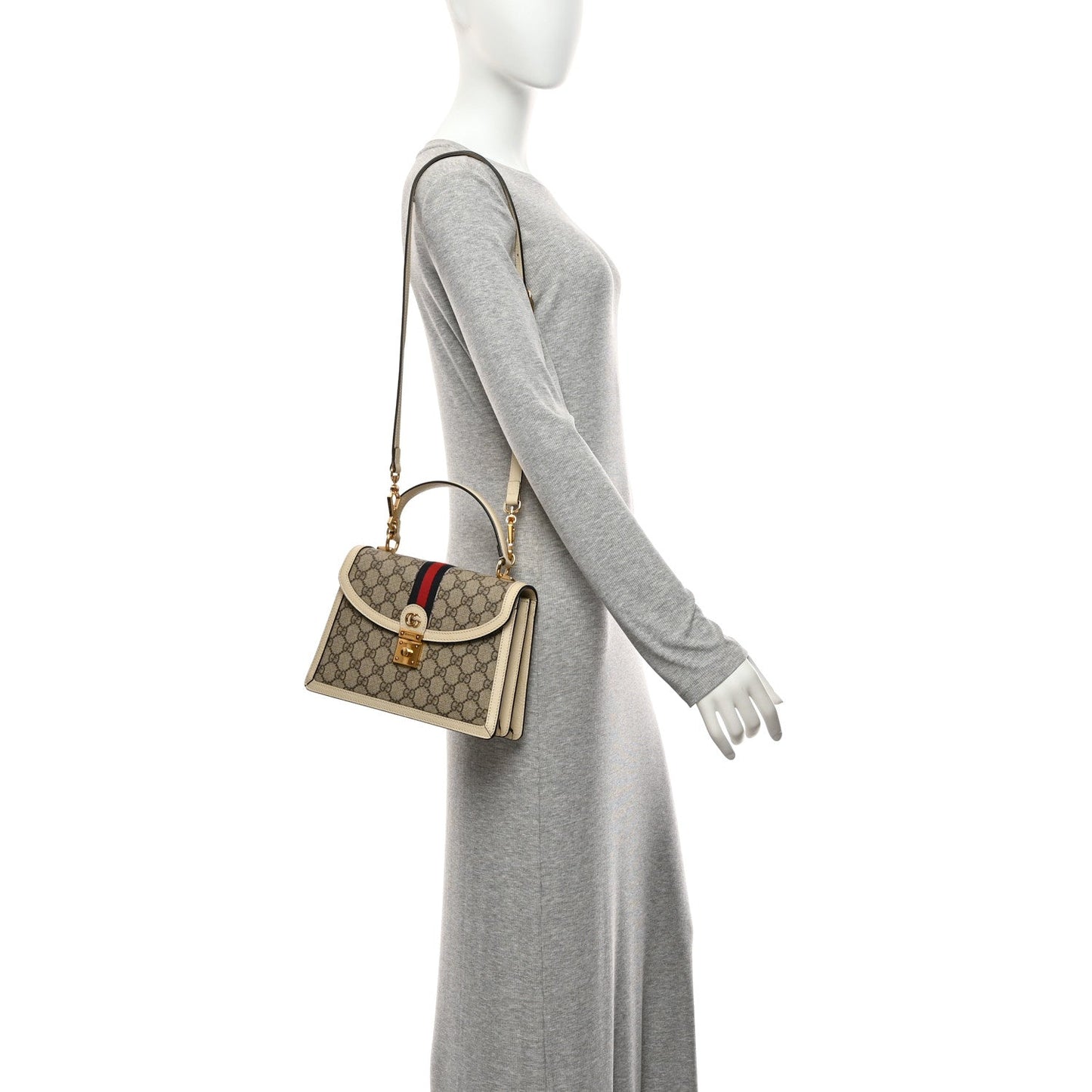 GG Supreme Monogram Textured Dollar Calfskin Web Small Ophidia Padlock Top Handle Bag Beige Ebony Mystic White