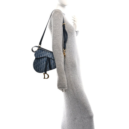 Denim Oblique Jacquard Saddle Bag With Strap Blue
