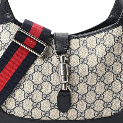 GG Supreme Monogram Textured Dollar Calfskin Web Small Jackie 1961 Hobo Beige Blue