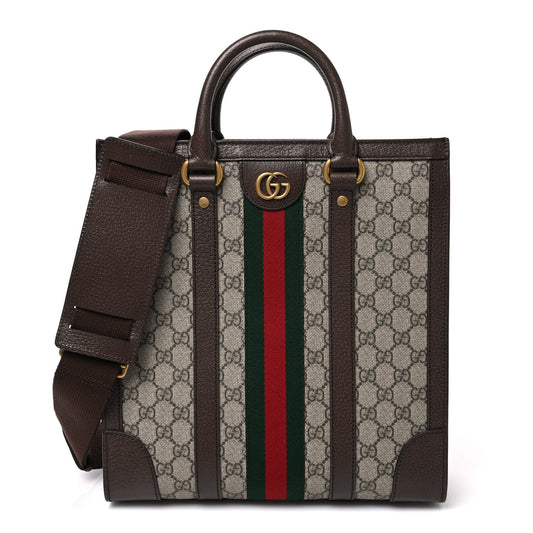 GG Supreme Monogram Textured Dollar Calfskin Web Medium Ophidia Tote Bag Beige Ebony