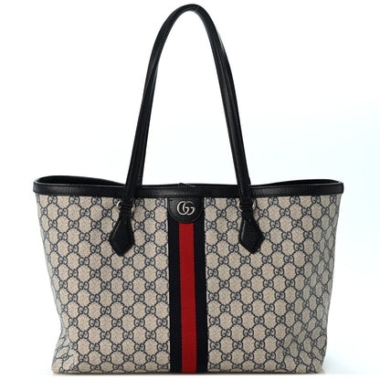 GG Supreme Monogram Textured Calfskin Web Medium Ophidia Shopping Tote Beige Blue