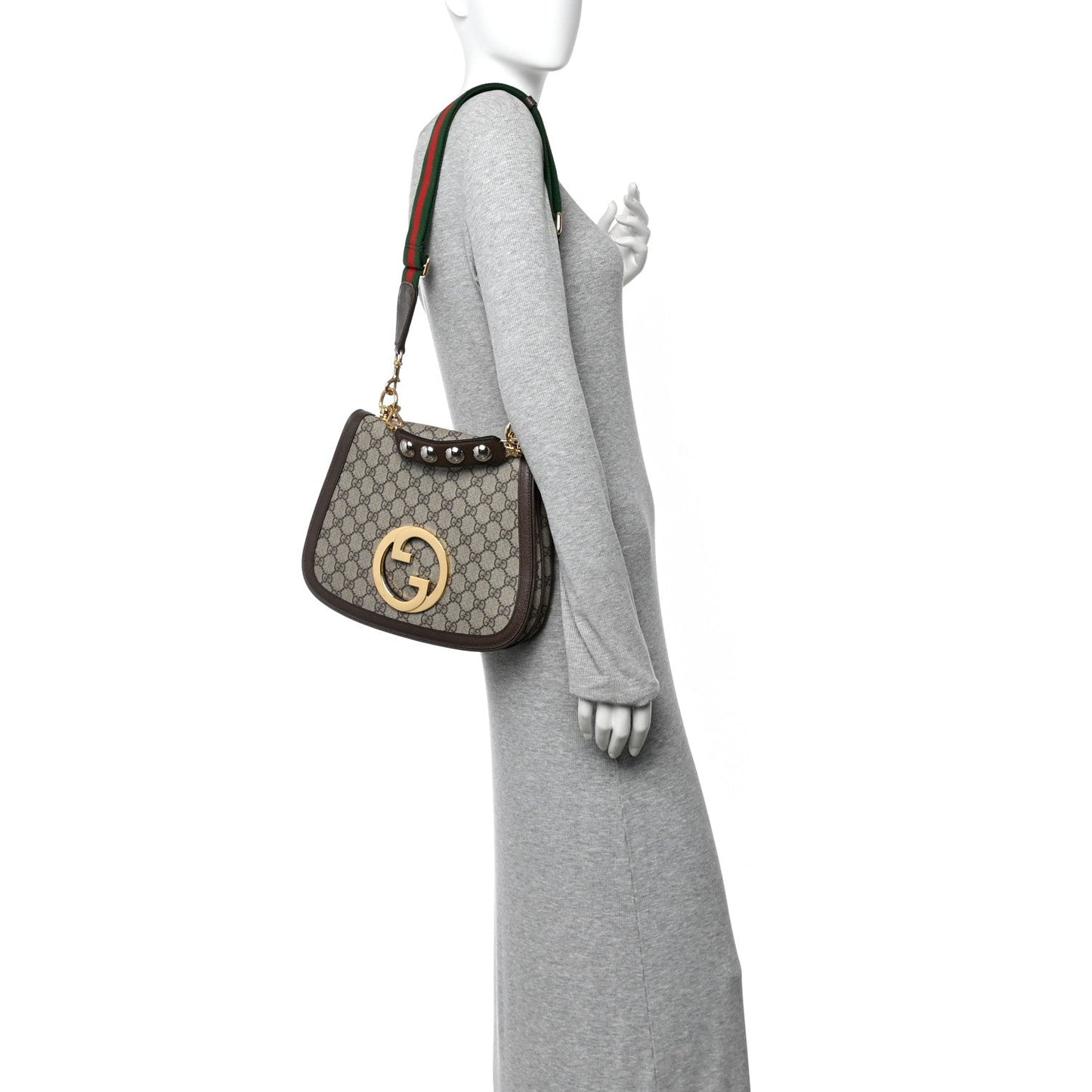 GG Supreme Monogram Textured Dollar Calfskin Web Medium Blondie Top Handle Shoulder Flap Bag Beige Ebony New Acero