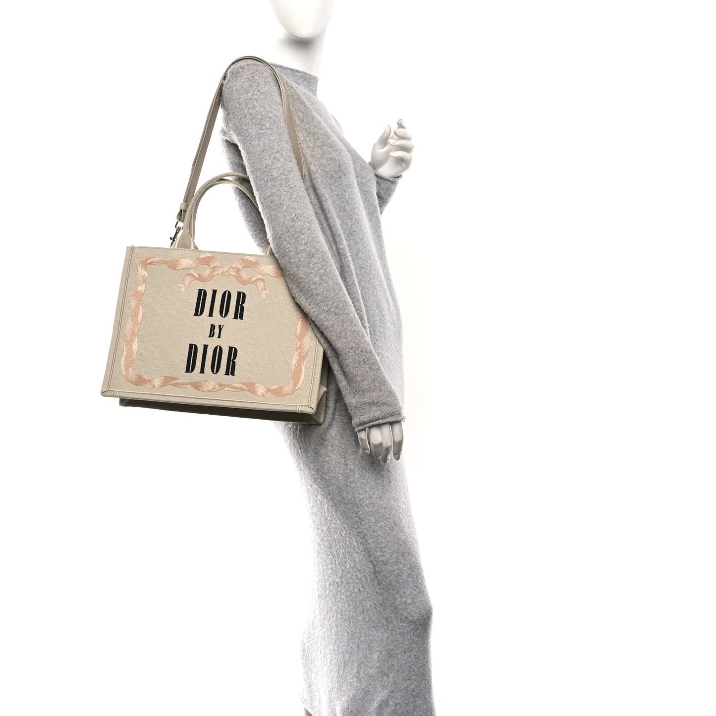 Canvas Embroidered Medium Book Tote With Strap Beige Pink Black