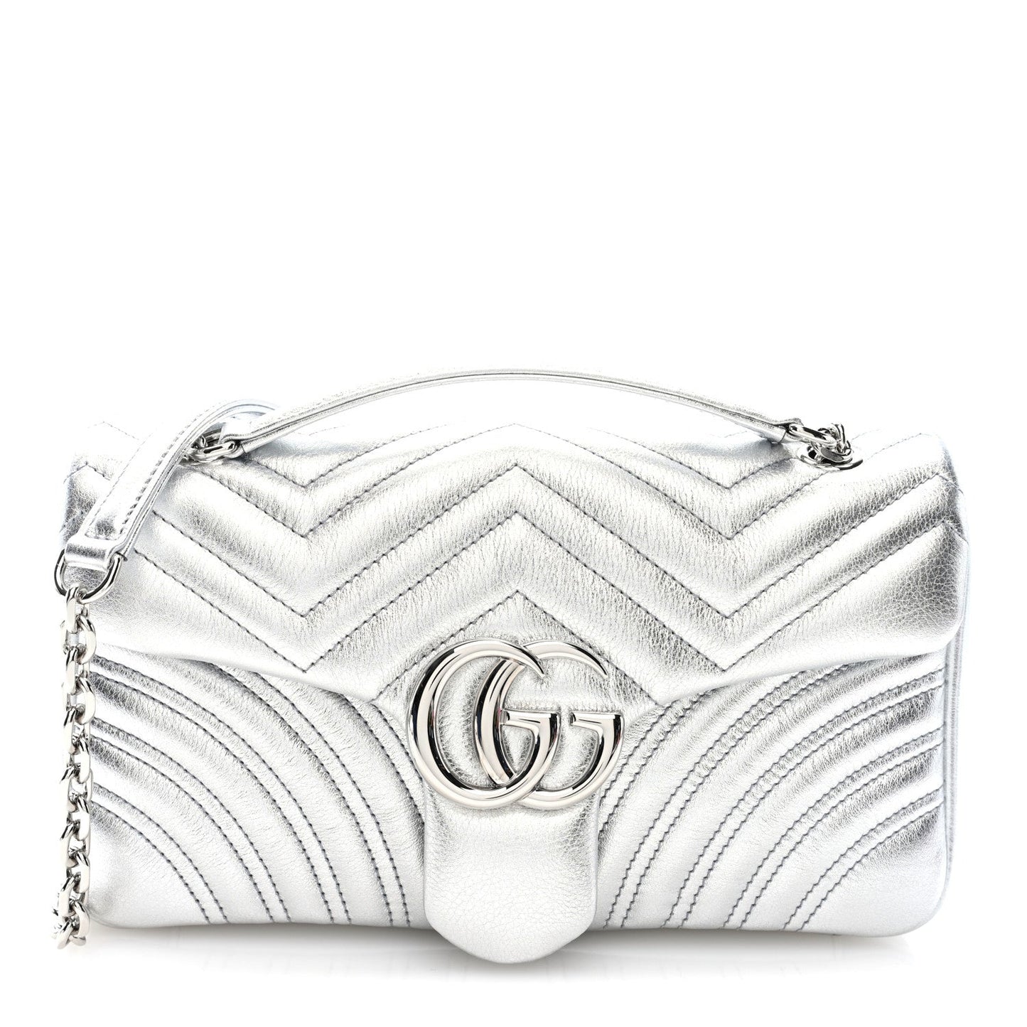 Metallic Calfskin Matelasse Small GG Marmont Shoulder Bag Silver