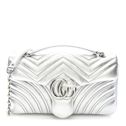 Metallic Calfskin Matelasse Small GG Marmont Shoulder Bag Silver