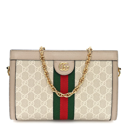 GG Supreme Monogram Textured Dollar Calfskin Web Small Ophidia Chain Shoulder Bag Beige Mystic White Oatmeal