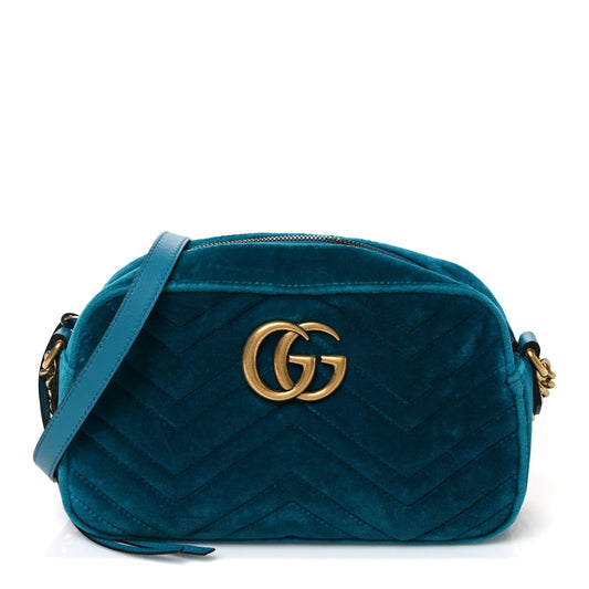 Velvet Matelasse Small GG Marmont Chain Shoulder Bag Pavone Cyan