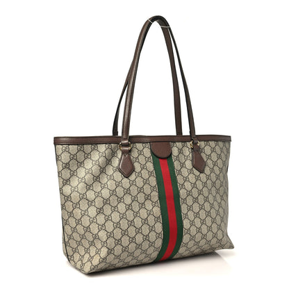 GG Supreme Monogram Textured Calfskin Web Medium Ophidia Shopping Tote Beige Ebony New Acero