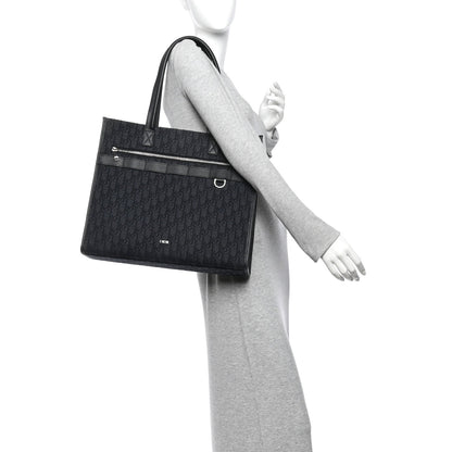 Grained Calfskin Oblique Jacquard Safari Tote  Black