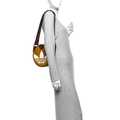 X ADIDAS Crystal Vintage Monogram Textured Dollar Calfskin Web Trefoil Small Ophidia Round Shoulder Bag Mid Natural Nut Off White New Acero