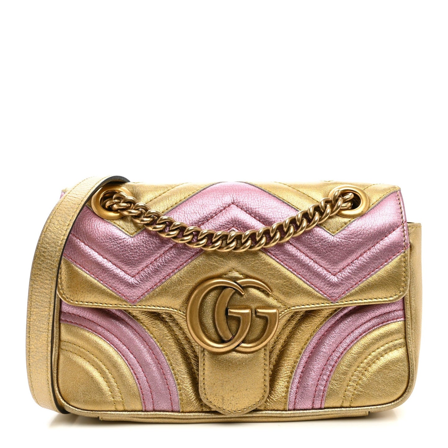 Metallic Calfskin Matelasse Mini GG Marmont Shoulder Bag Gold Pink