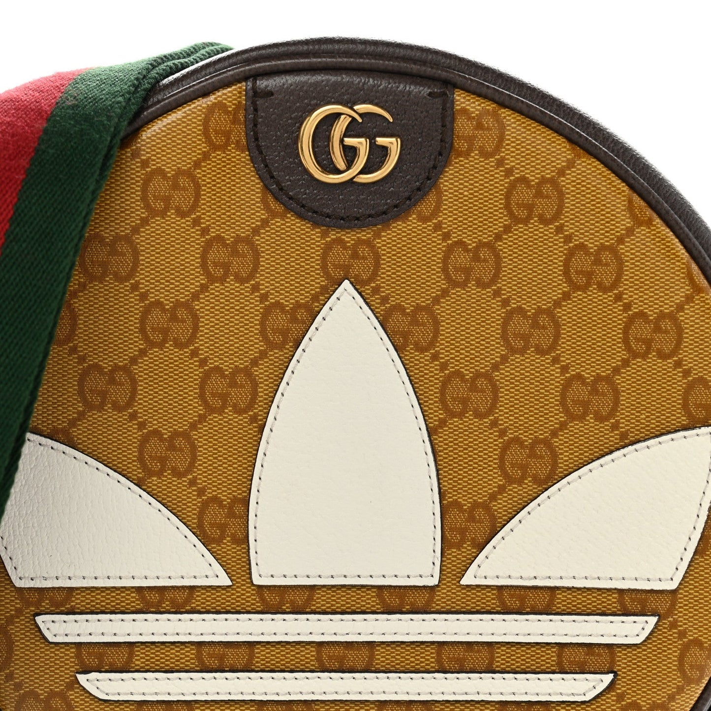 X ADIDAS Crystal Vintage Monogram Textured Dollar Calfskin Web Trefoil Small Ophidia Round Shoulder Bag Mid Natural Nut Off White New Acero