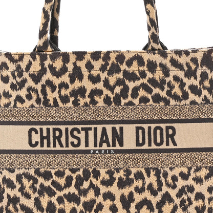 Canvas Mizza Embroidered Medium Leopard Book Tote Beige
