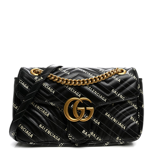 X BALENCIAGA Calfskin Matelasse Logo Print Small GG Marmont Shoulder Bag Black