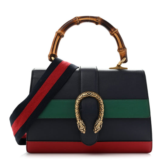 Moon Calfskin Bamboo Web Medium Dionysus Top Handle Bag Blue Emerald Hibiscus Red
