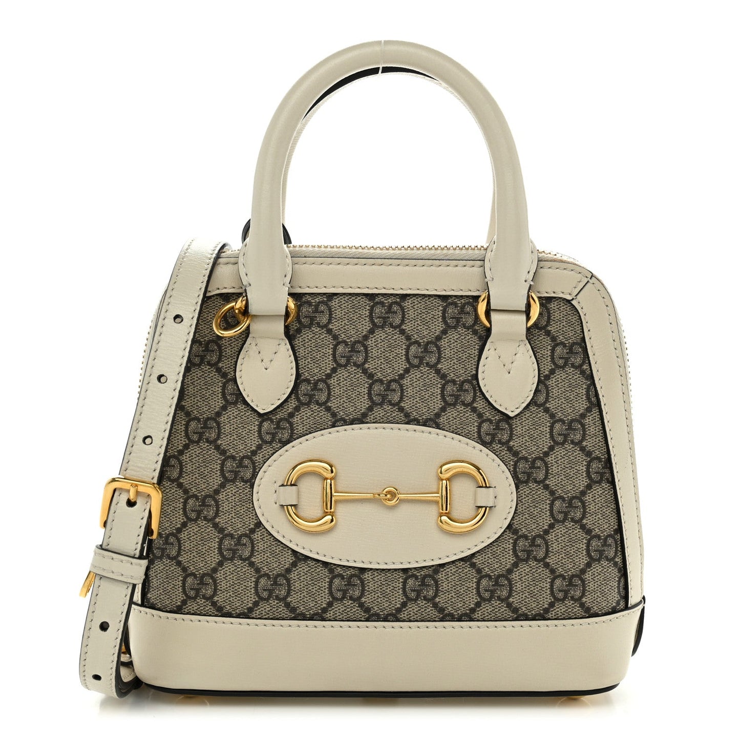 GG Supreme Monogram Azalea Calfskin Mini Horsebit 1955 Top Handle Bag Beige Ebony Mystic White