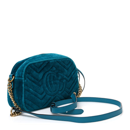 Velvet Matelasse Small GG Marmont Chain Shoulder Bag Pavone Cyan