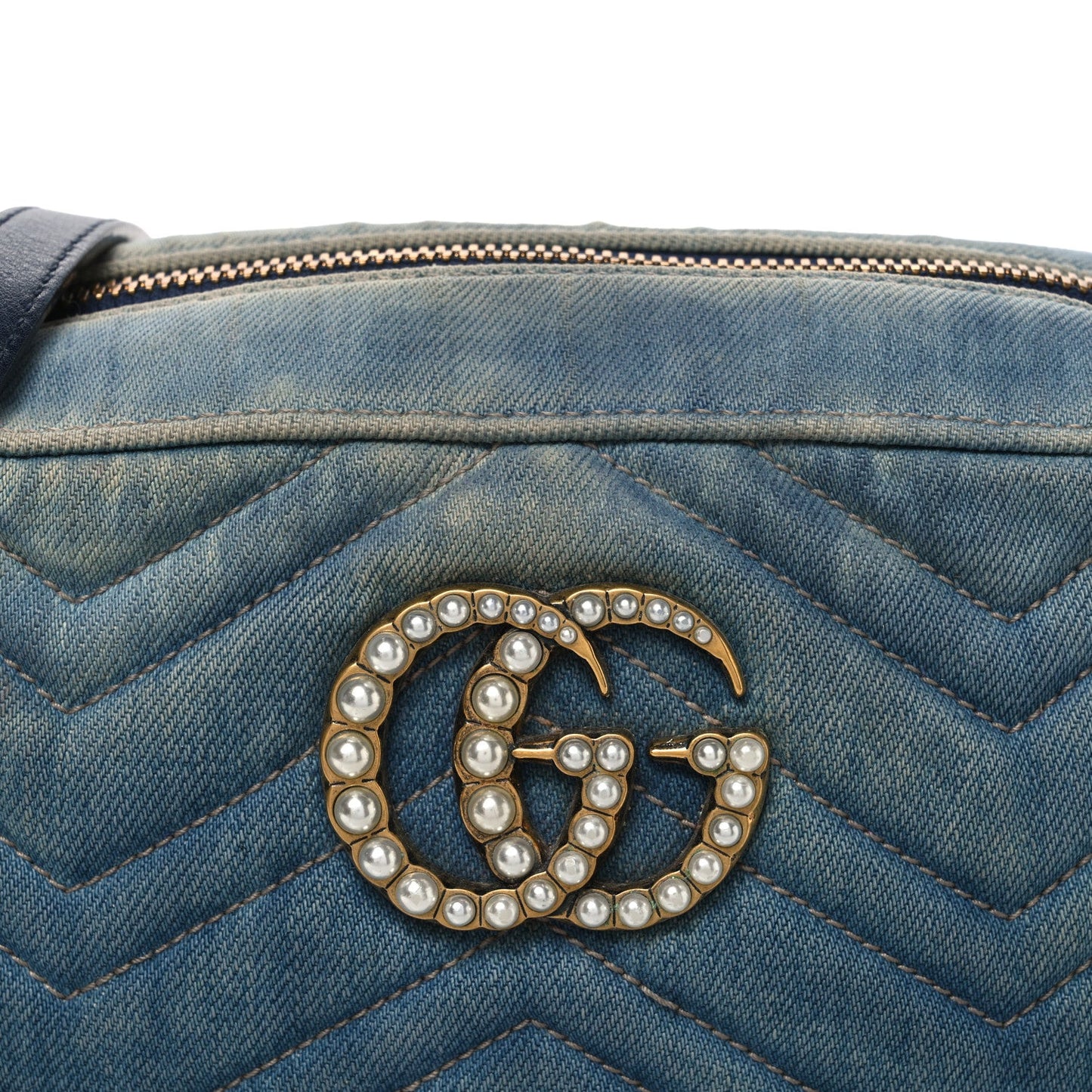 Denim Matelasse Small Pearly GG Marmont Chain Shoulder Bag Blue