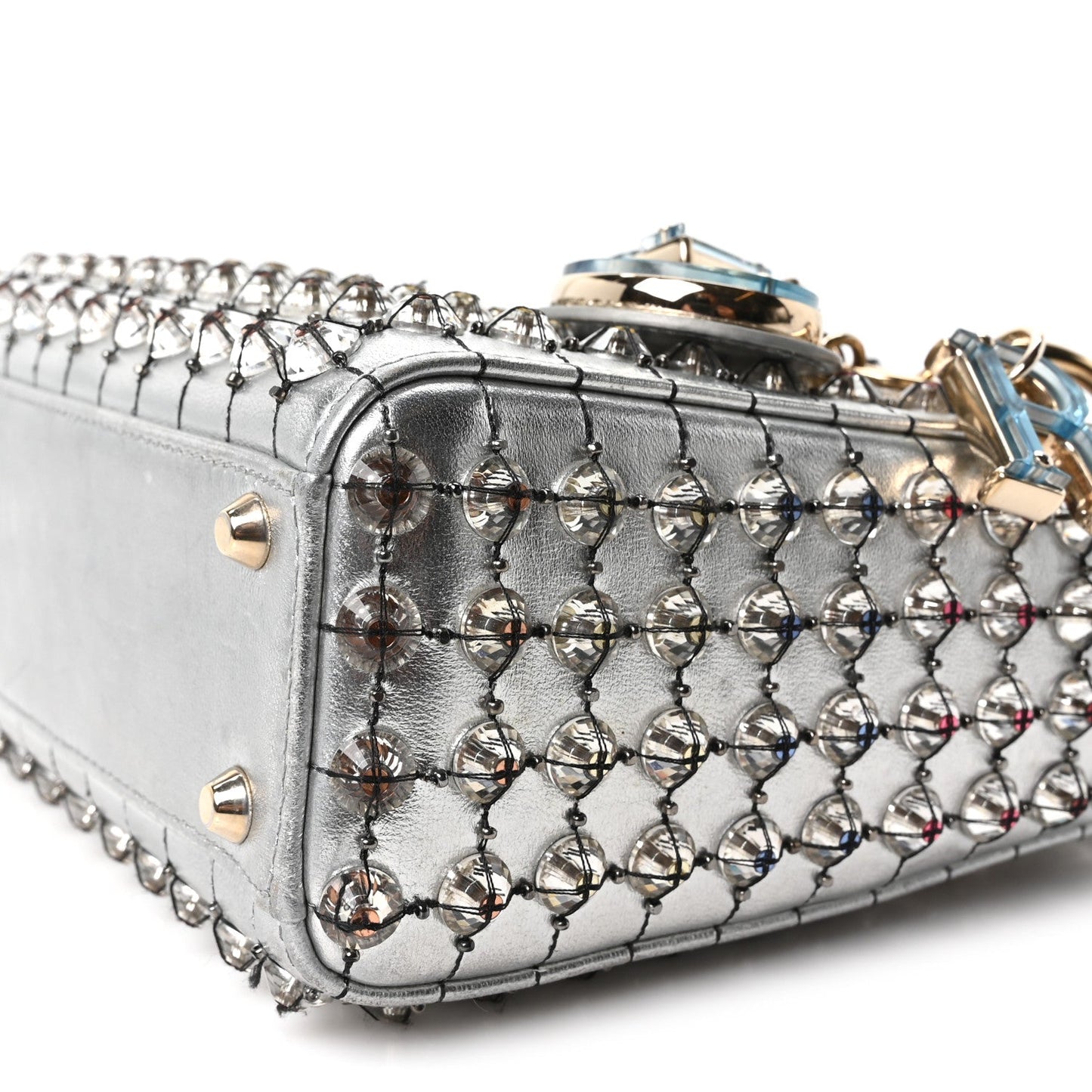 Metallic Calfskin Satin Celestial Bead Embroidery Cannage Mini Lady Dior Silver