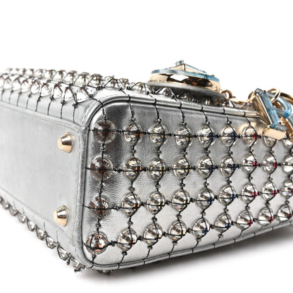 Metallic Calfskin Satin Celestial Bead Embroidery Cannage Mini Lady Dior Silver