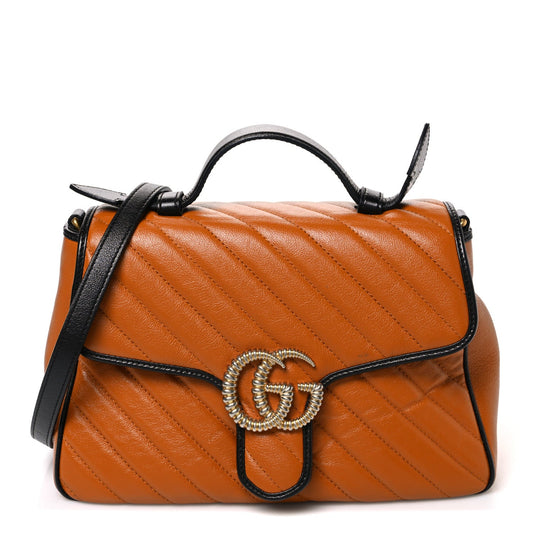 Azalea Calfskin Matelasse Diagonal Small Torchon GG Marmont Top Handle Shoulder Bag Cognac Black