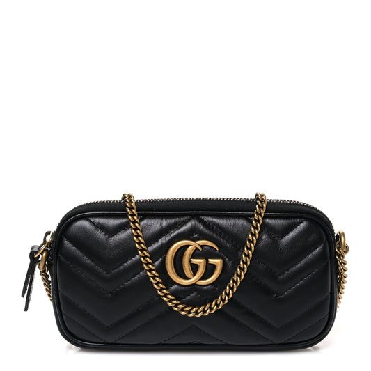 Calfskin Matelasse Mini GG Marmont Chain Crossbody Bag Black