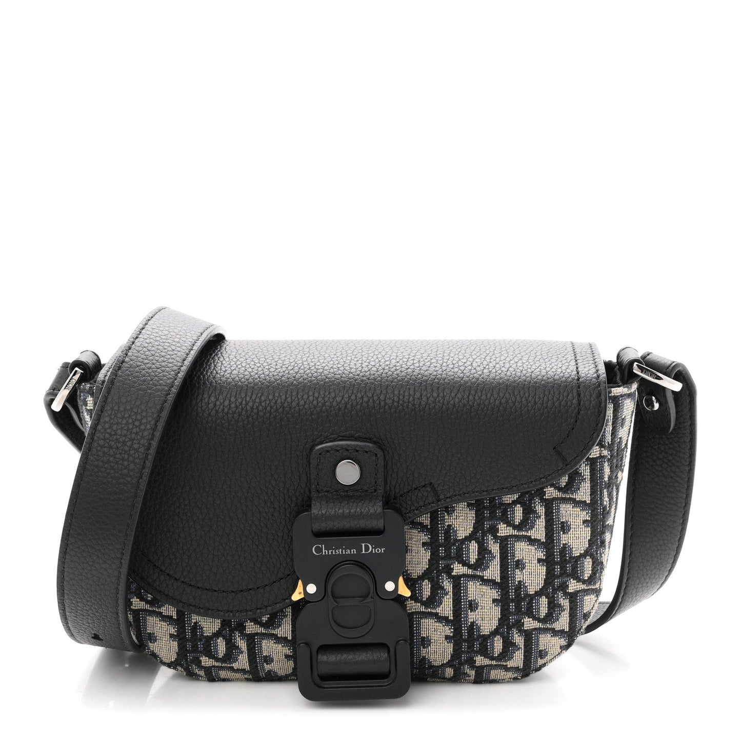 Grained Calfskin Oblique Mini Saddle Messenger Bag With Flap Beige Black