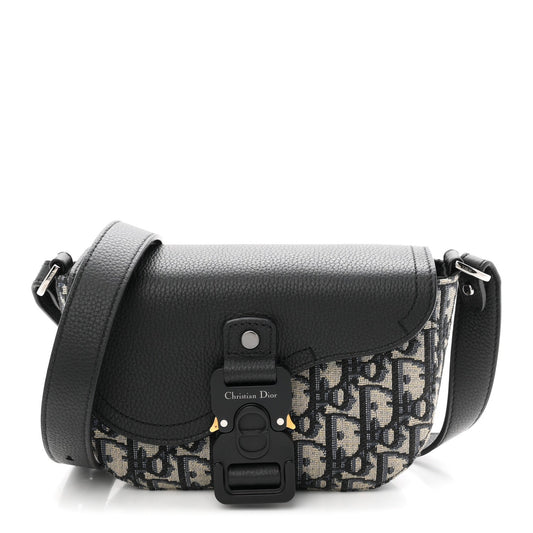 Grained Calfskin Oblique Mini Saddle Messenger Bag With Flap Beige Black