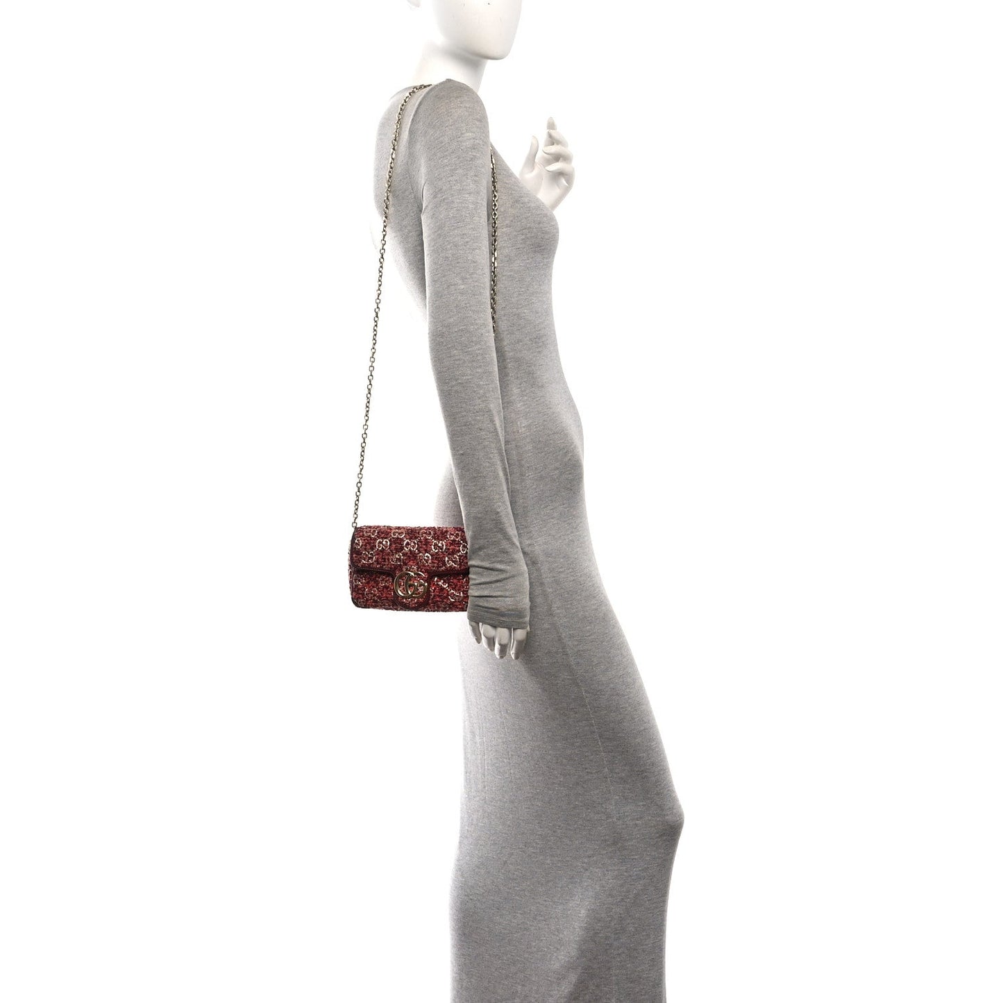 Tweed GG Monogram Mini GG Marmont Shoulder Bag Pink Red