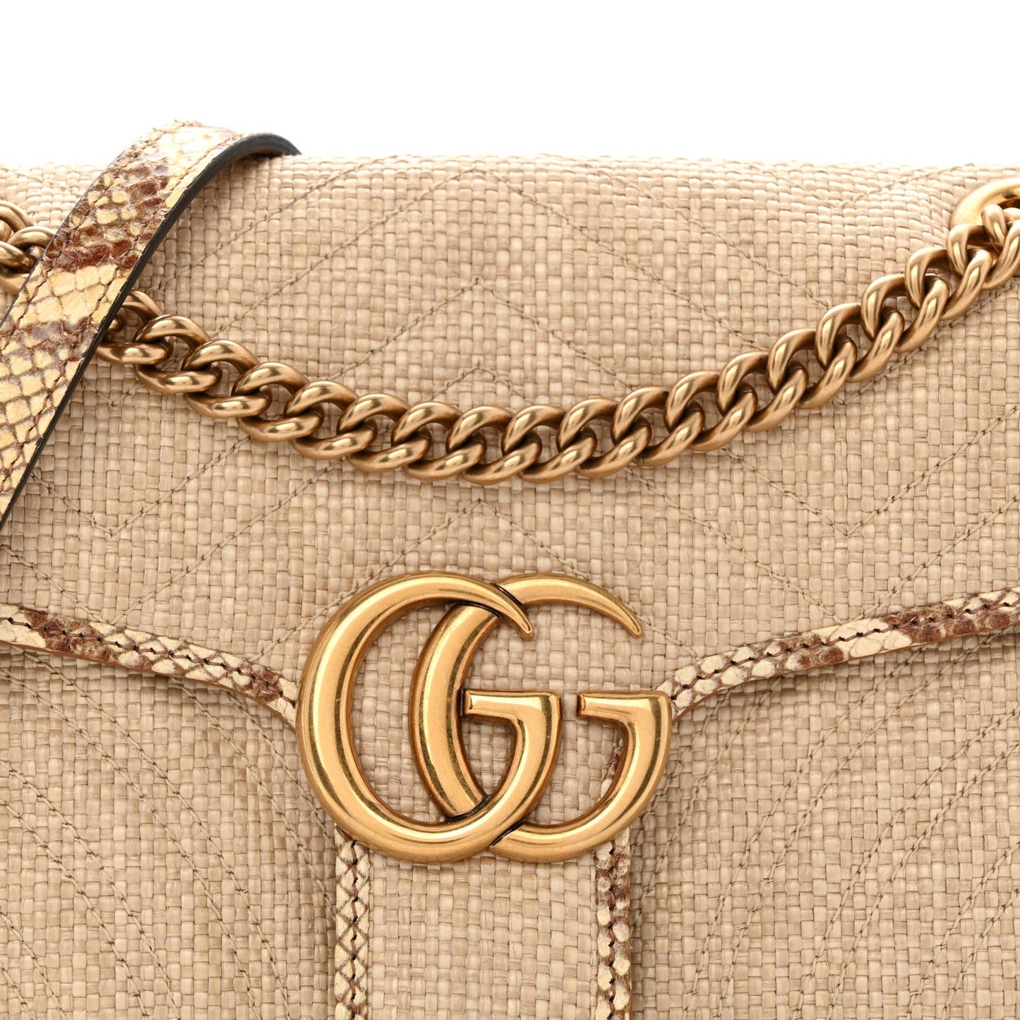 Raffia Elaphe Matelasse Small GG Marmont Shoulder Bag Natural Cream Brown