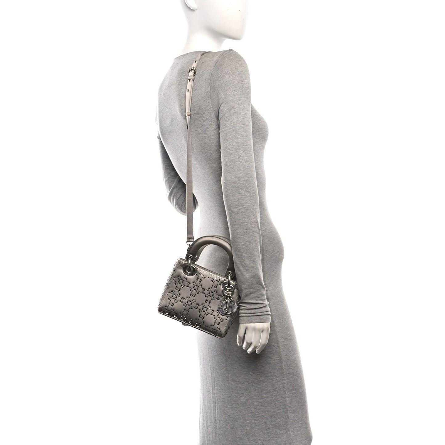 Satin Crystal Cannage Mini Lady Dior Gray