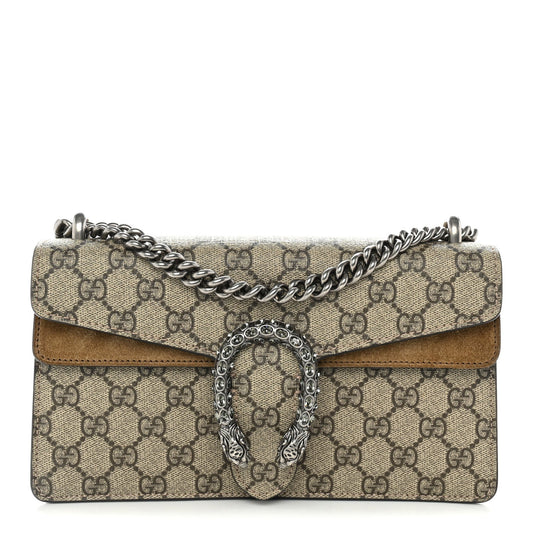 GG Supreme Monogram Suede Crystal Small Dionysus Shoulder Bag Beige Ebony Taupe