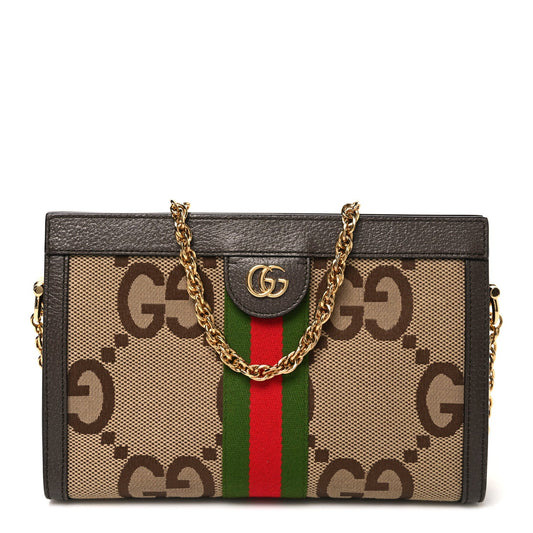 Monogram Jumbo GG Textured Dollar Calfskin Web Small Ophidia Chain Shoulder Bag Camel Ebony New Acero