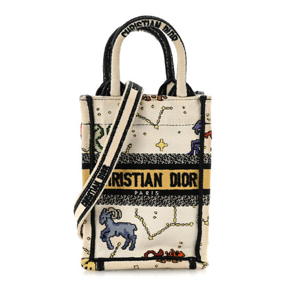 Canvas Embroidered Pixel Zodiac Mini Book Tote Phone Bag Latte Multicolor