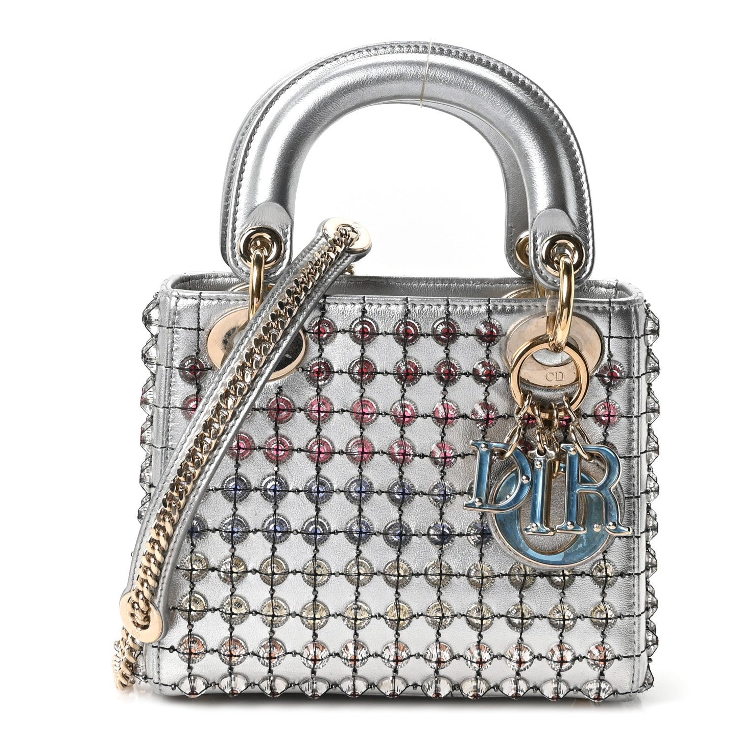 Metallic Calfskin Satin Celestial Bead Embroidery Cannage Mini Lady Dior Silver