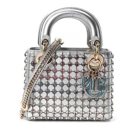 Metallic Calfskin Satin Celestial Bead Embroidery Cannage Mini Lady Dior Silver