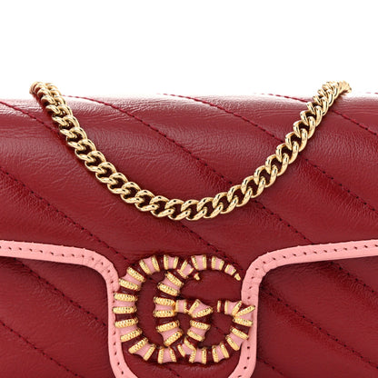 Azalea Calfskin Enamel Matelasse Diagonal Super Mini Torchon GG Marmont Shoulder Bag New Cherry Red Wild Rose