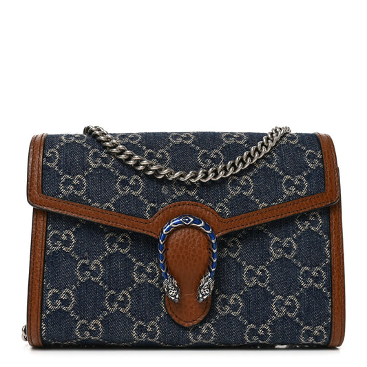 New Denim GG Monogram Dollar Calfskin Enamel Mini Dionysus Chain Wallet Blue Tea Cuir Epilog Electric Blue