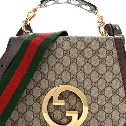 GG Supreme Monogram Textured Dollar Calfskin Web Medium Blondie Top Handle Shoulder Flap Bag Beige Ebony New Acero
