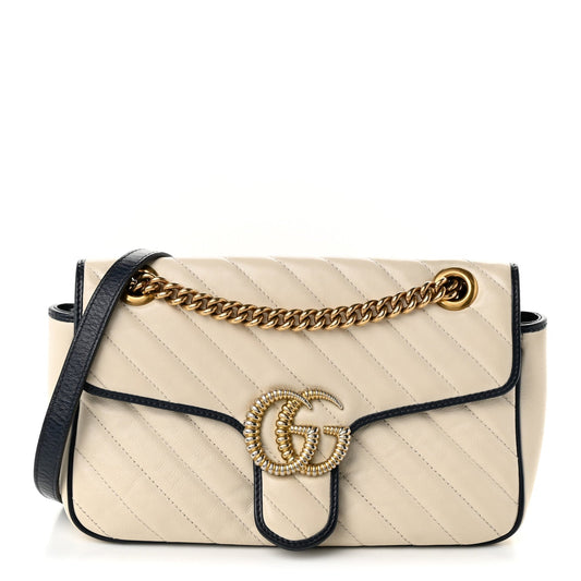 Vintage Effect Calfskin Matelasse Diagonal Small Torchon GG Marmont Shoulder Bag Mystic White Blue Agata
